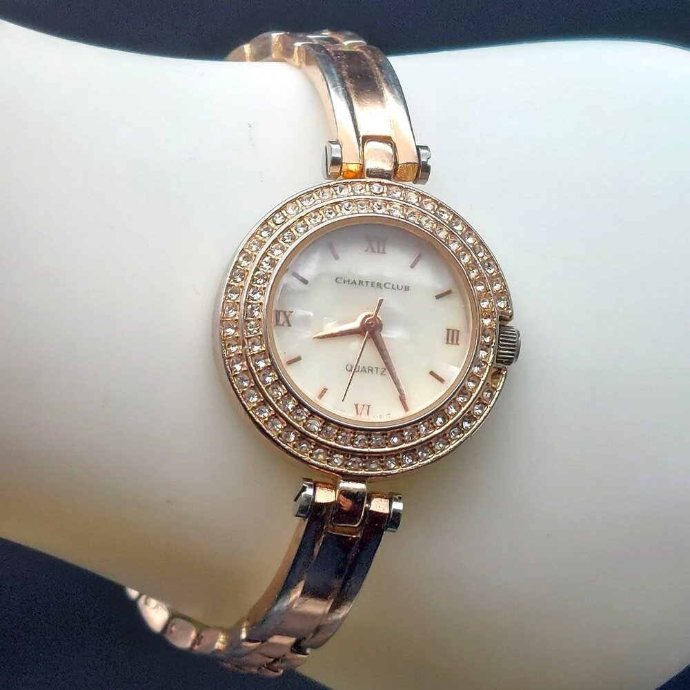 Charter Club Womens Quartz Watch Gold-Tone Crystal Accents Roman Numerals Stainl